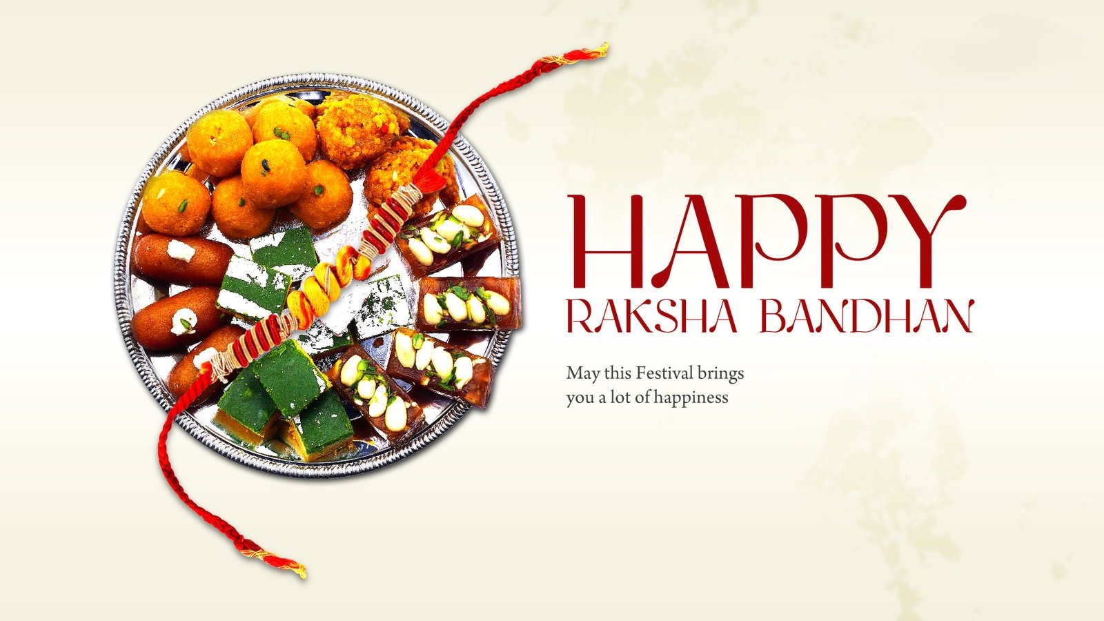 a plate of sweets with raksha of red and yellow strings, Happy Raksha Bandhan, raksha bandan