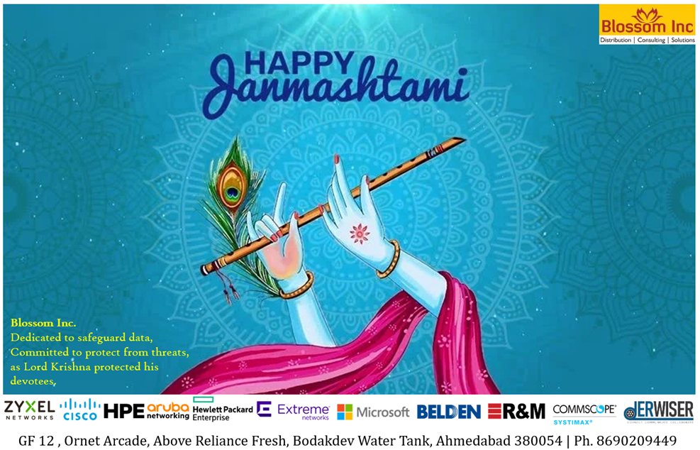 Happy Janmashtami, a poster of hands of Lord Krishna playing a flute